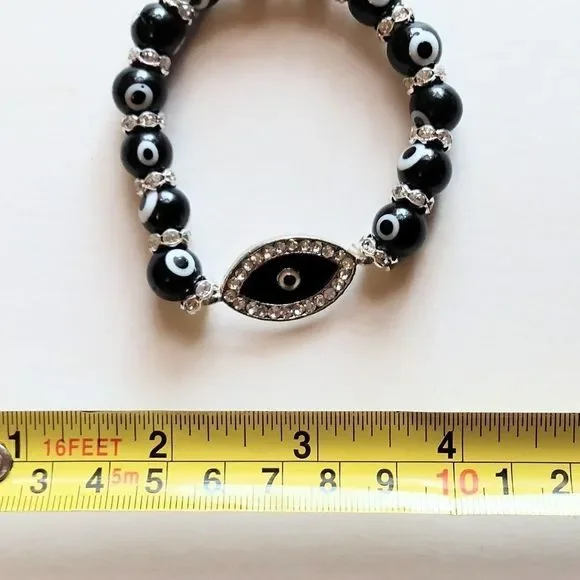 Crystal & Black Beaded Evil Eye Sliver Plated Bracelet - Picture 4 of 7